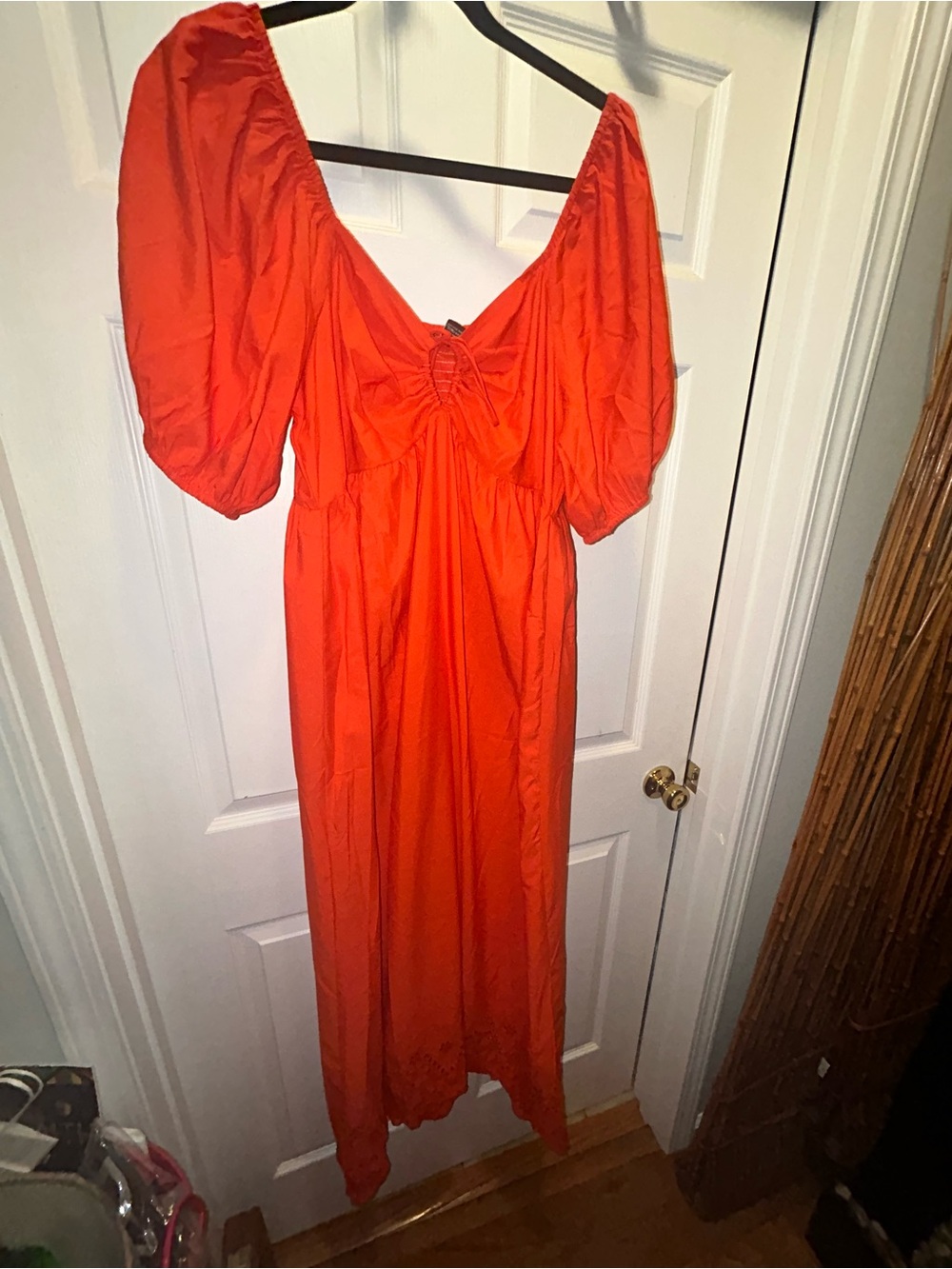 Women's Puff-Sleeve Orange Maxi Dress with Ruched Bodice